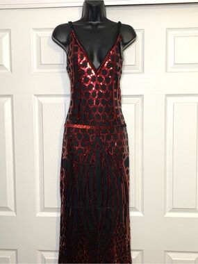 Vijiv Black & Deep Red Sequin V-Neck Mermaid Maxi Dress